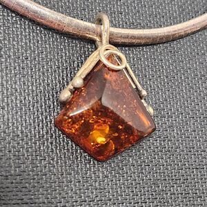Vtg MILOR Italy 925 Sterling Silver 5mm Omega Choker & 925 Baltic Amber Pendant